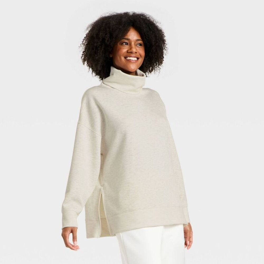 Women's Airy Sleek Funnel Neck Sweatshirt - All In Motion Heather Cream M